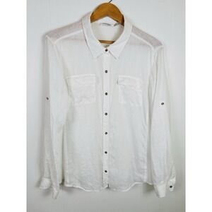 Calvin Klein Women XL White‎ Linen Button Down Blouse Shirt Roll Tab Sleeve